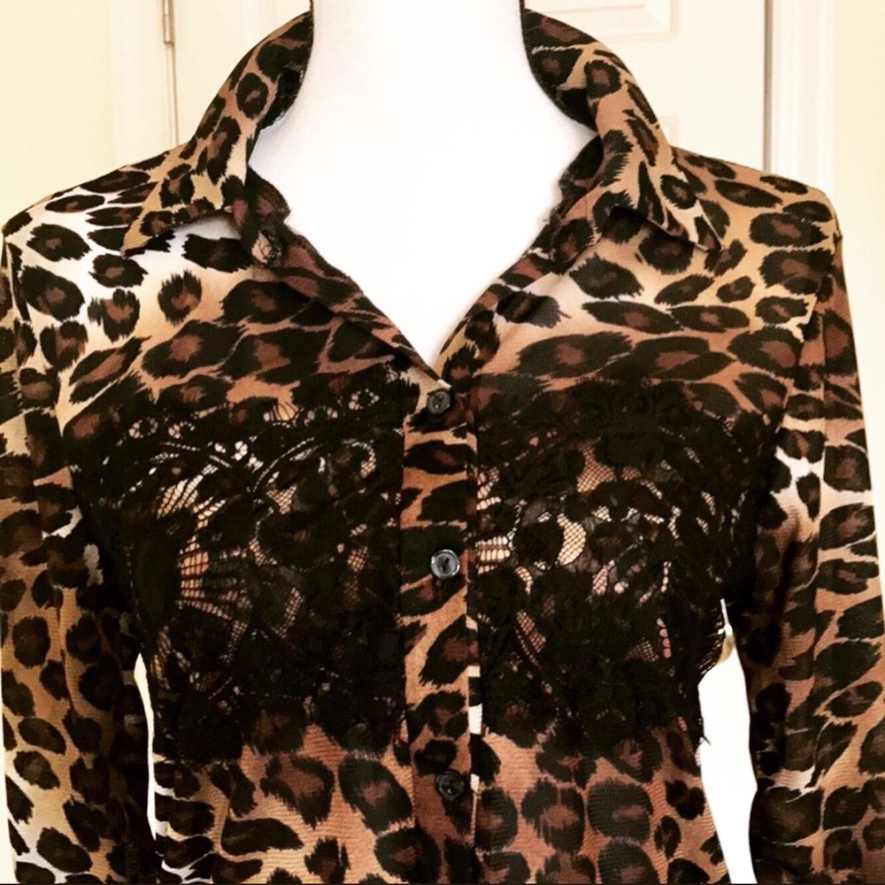 Leopard Print Embroidered Button Up Blouse - image 3